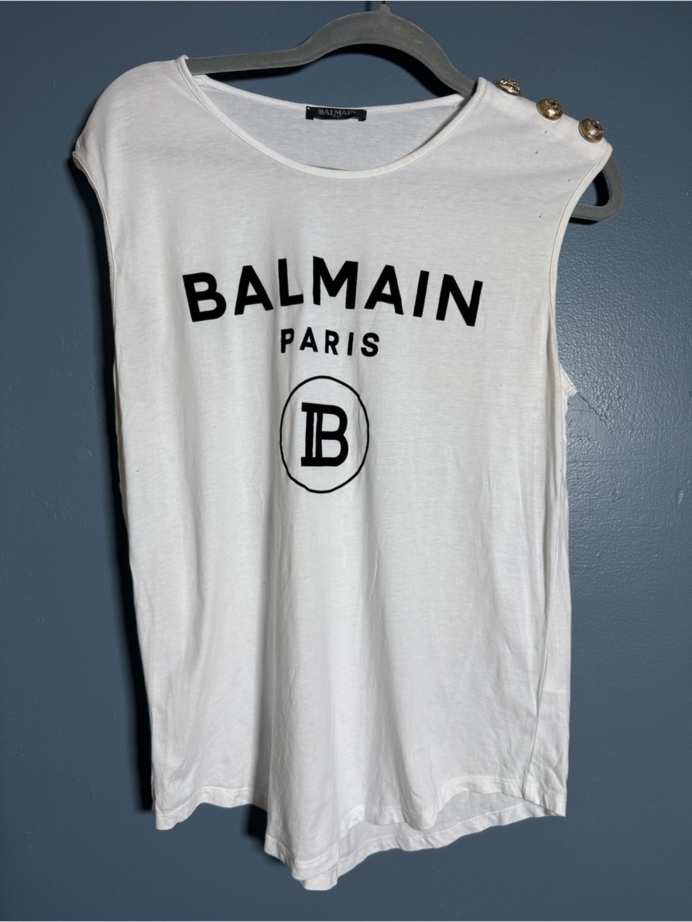 Balmain Paris White velvet black Logo 100% Cotton gold Button Shoulder size med
